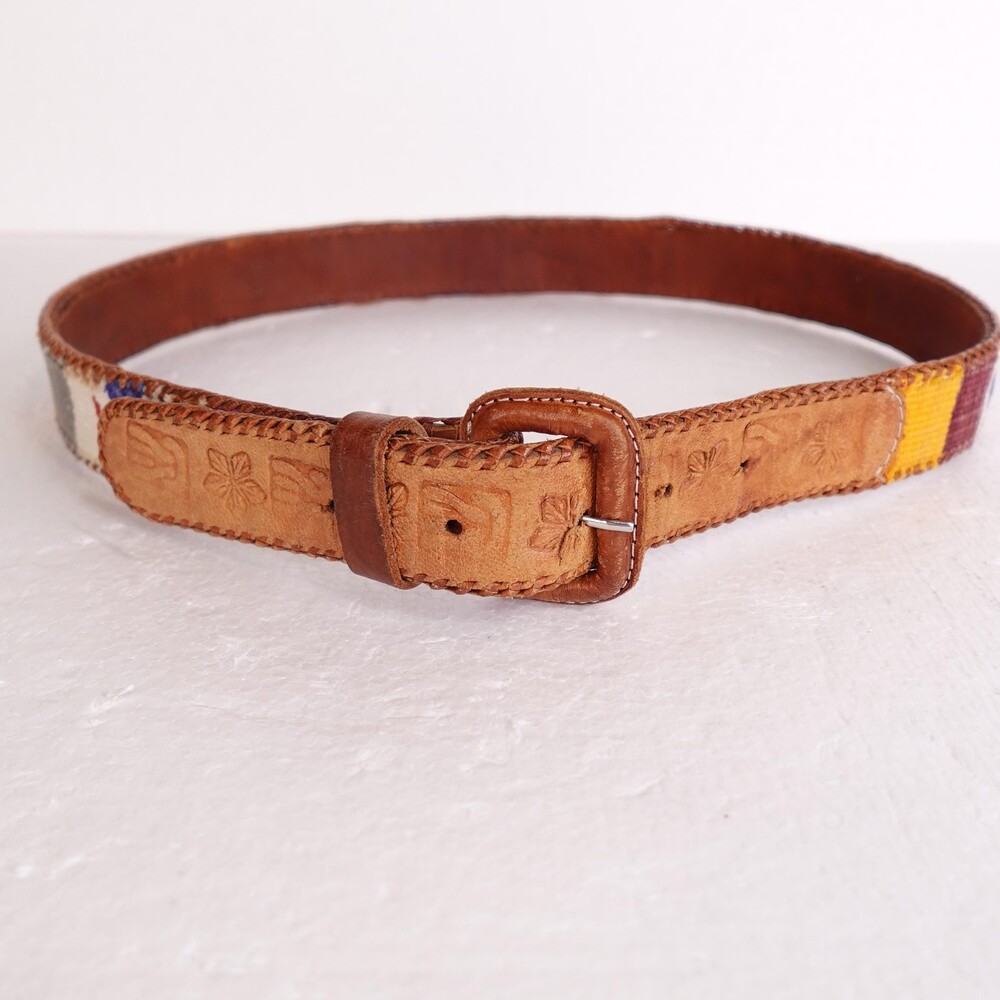 Vintage Woven Leather Belt Mens 32 Southwestern Tooled Boho Western 90s